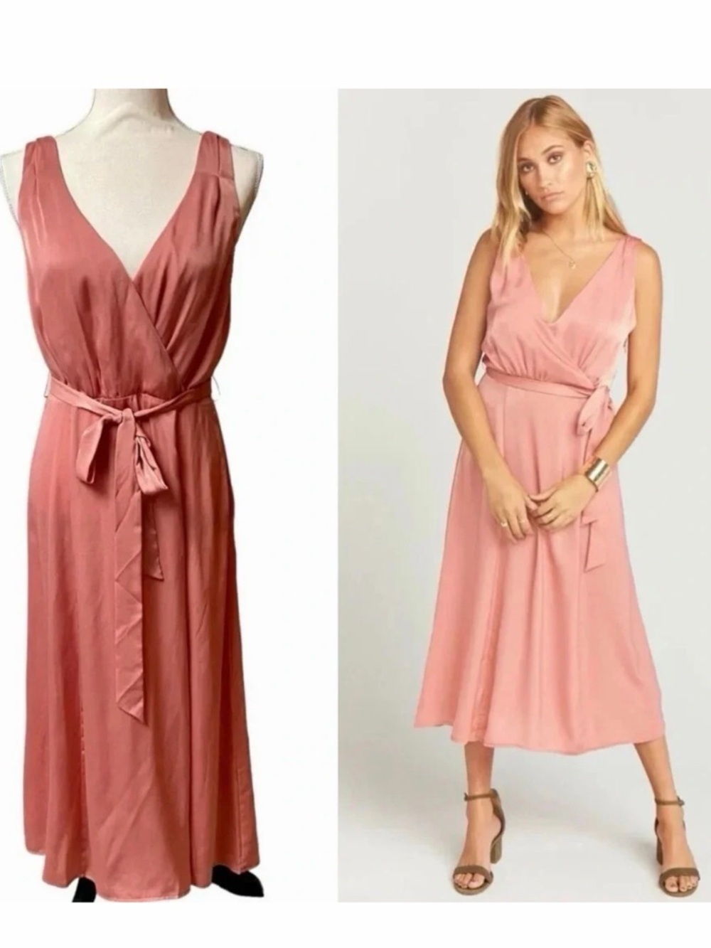 Show Me Your Mumu Cynthia Satin Crossover Midi Dress L Blush Pink